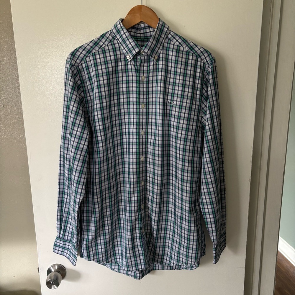 Vineyard Vines size M 100%‎ cotton slim fit whale shirt green pink blue plaid